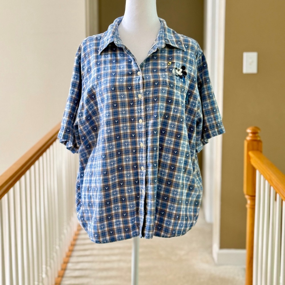 Vintage Mickey Unlimited Disney Plaid Button Down Shirt Blue Tan Women 18W/20W